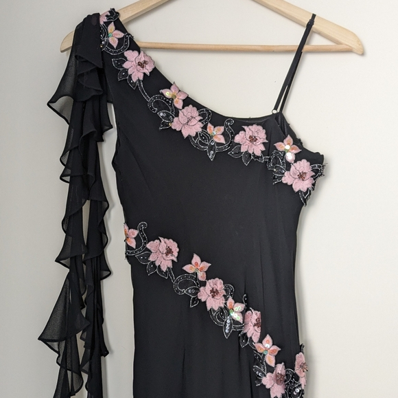 Vintage Cache Black Pink Silk Asymmetrical Floral Beaded Slip Dress - Picture 10 of 12